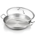 DELARLO 13 Inch Tri-Ply Stainless Steel Paella Pan With Lid, Big Frying Pan, kitchen Induction Large Skillets,Great for Paella Parties Indoors Outdoors,Heavy Duty Style