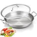 DELARLO Paella Pan 14 Inch Tri-Ply Stainless Steel Paella Pan with Lid, Jumbo Frying Pan, kitchen Induction Large Skillets,Great for Paella Parties Indoors Outdoors,Heavy Duty Style