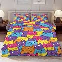 Delerain Comforter Cover Set Full Size, Colorful Cartoon Cat 3-Piece Bedding Set for Boys Girls Teens Modern Soft Microfiber Bedroom Set Room Decor, 1 Duvet Cover + 2 Pillowcases
