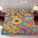 Delerain Comforter Cover Set Full Size, Retro 60s Hippie Flower 3-Piece Bedding Set for Boys Girls Teens Modern Soft Microfiber Bedroom Set Room Decor, 1 Duvet Cover + 2 Pillowcases