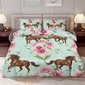 Delerain Comforter Cover Set Full Size, Brown Horses Poppy Flower 3-Piece Bedding Set for Boys Girls Teens Modern Soft Microfiber Bedroom Set Room Decor, 1 Duvet Cover + 2 Pillowcases