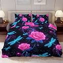 Delerain Comforter Cover Set Full Size, Fantasy Blue Dragonfly Rose 3-Piece Bedding Set for Boys Girls Teens Modern Soft Microfiber Bedroom Set Room Decor, 1 Duvet Cover + 2 Pillowcases