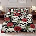 Delerain Comforter Cover Set Full Size, Romance Rose Skull 3-Piece Bedding Set for Boys Girls Teens Modern Soft Microfiber Bedroom Set Room Decor, 1 Duvet Cover + 2 Pillowcases