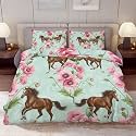 Delerain Comforter Cover Set King Size, Brown Horses Poppy Flower 3-Piece Bedding Set for Women Men Modern Soft Microfiber Bedroom Set Room Decor, 1 Duvet Cover + 2 Pillowcases