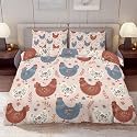 Delerain Comforter Cover Set King Size, Cute Hen Chicken 3-Piece Bedding Set for Women Men Modern Soft Microfiber Bedroom Set Room Decor, 1 Duvet Cover + 2 Pillowcases