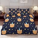Delerain Comforter Cover Set King Size, Cartoon Cat Moon Star 3-Piece Bedding Set for Women Men Modern Soft Microfiber Bedroom Set Room Decor, 1 Duvet Cover + 2 Pillowcases
