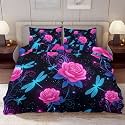 Delerain Comforter Cover Set King Size, Fantasy Blue Dragonfly Rose 3-Piece Bedding Set for Women Men Modern Soft Microfiber Bedroom Set Room Decor, 1 Duvet Cover + 2 Pillowcases