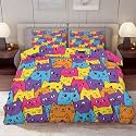 Delerain Comforter Cover Set King Size, Colorful Cartoon Cat 3-Piece Bedding Set for Women Men Modern Soft Microfiber Bedroom Set Room Decor, 1 Duvet Cover + 2 Pillowcases