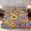 Delerain Comforter Cover Set Queen Size, Retro 60s Hippie Flower 3-Piece Bedding Set for Women Men Modern Soft Microfiber Bedroom Set Room Decor, 1 Duvet Cover + 2 Pillowcases