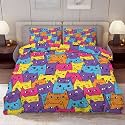Delerain Comforter Cover Set Queen Size, Colorful Cartoon Cat 3-Piece Bedding Set for Women Men Modern Soft Microfiber Bedroom Set Room Decor, 1 Duvet Cover + 2 Pillowcases