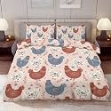 Delerain Comforter Cover Set Queen Size, Cute Hen Chicken 3-Piece Bedding Set for Women Men Modern Soft Microfiber Bedroom Set Room Decor, 1 Duvet Cover + 2 Pillowcases