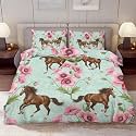 Delerain Comforter Cover Set Queen Size, Brown Horses Poppy Flower 3-Piece Bedding Set for Women Men Modern Soft Microfiber Bedroom Set Room Decor, 1 Duvet Cover + 2 Pillowcases