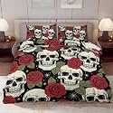 Delerain Comforter Cover Set Queen Size, Romance Rose Skull 3-Piece Bedding Set for Women Men Modern Soft Microfiber Bedroom Set Room Decor, 1 Duvet Cover + 2 Pillowcases