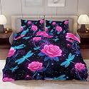 Delerain Comforter Cover Set Queen Size, Fantasy Blue Dragonfly Rose 3-Piece Bedding Set for Women Men Modern Soft Microfiber Bedroom Set Room Decor, 1 Duvet Cover + 2 Pillowcases