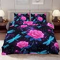 Delerain Comforter Cover Set Twin Size, Fantasy Blue Dragonfly Rose 3-Piece Bedding Set for Boys Girls Teens Modern Soft Microfiber Bedroom Set Room Decor, 1 Duvet Cover + 2 Pillowcases