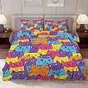 Delerain Comforter Cover Set Twin Size, Colorful Cartoon Cat 3-Piece Bedding Set for Boys Girls Teens Modern Soft Microfiber Bedroom Set Room Decor, 1 Duvet Cover + 2 Pillowcases