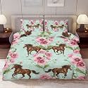 Delerain Comforter Cover Set Twin Size, Brown Horses Poppy Flower 3-Piece Bedding Set for Boys Girls Teens Modern Soft Microfiber Bedroom Set Room Decor, 1 Duvet Cover + 2 Pillowcases
