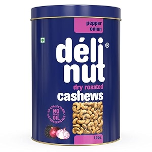 delinut pepper onion dry roasted cashewskaju 150g  savory amp crunchy ww240 whole cashew nuts  pepper amp onion flavour  fost flavour lock technology  nitrogen flushed  no added oil colors or preservatives