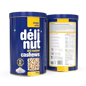 delinut simply salty dry roasted salted cashewskaju 400g  crunchy amp flavourful ww240 whole cashew nuts  fost flavour lock technology  nitrogen flushed  rich in protein amp fiber  no added oil or preservatives