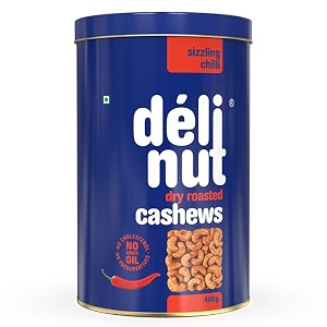 delinut sizzling chilli dry roasted cashewskaju 400g  spicy amp crunchy ww240 whole cashew nuts  fiery chilli flavour  fost flavour lock technology  nitrogen flushed  no added oil colors or preservatives