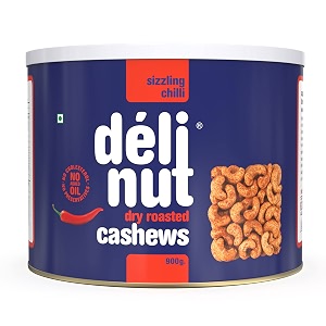 delinut sizzling chilli dry roasted cashewskaju 900g  spicy amp crunchy ww240 whole cashew nuts  fiery chilli flavour  fost flavour lock technology  nitrogen flushed  no added oil colors or preservatives