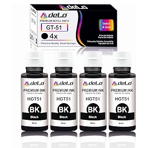 delo gt-51 compatible refill ink for hp gt 5810 5820 5821 310 315 319 415 419 410 printer - compatible with gt51 ink code black 4 pc