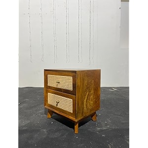 solid wood rattan nightstand with drawer mid century modern bedside table wooden side table for bedroom living room handcrafted cane furniture dark walnut finish teak finish