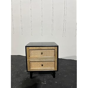 deluxe solid wood rattan nightstand fully assembled-mid century modern side table with 2 drawers-multipurpose use for living room bedroom-dark chocolate black with natural