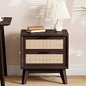 Deluxe Solid Wood Rattan Nightstand Fully Assembled-Mid Century Modern Side Table with 2 Drawers-Multipurpose use for Living Room, Bedroom-Dark Chocolate (Dark Chocolate)