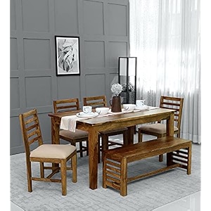demiwall sheesham wood rectangular dining table 6 seater  six seater dinning table with 4 cushion chairs amp 1 bench for home  wooden kitchen dinner table dining room sets for restaurant  rustic teak