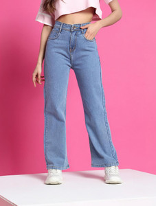 denim look flared women light blue jeans