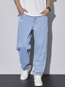 denim look men loose fit mid rise light blue jeans
