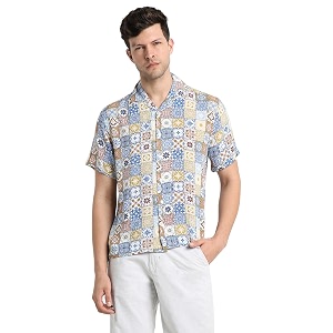 Dennis Lingo Mens Rayon White Printed Relaxed