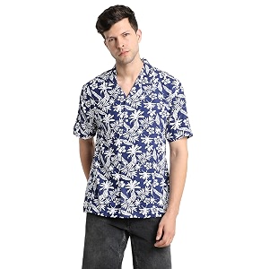 Dennis Lingo Mens Rayon Blue Printed Relaxed