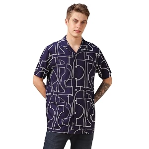 Dennis Lingo Men Blue Printed Viscose Relaxed