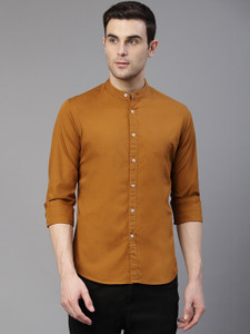 dennis lingo men slim fit solid mandarin collar casual shirt