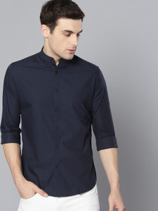 dennis lingo men solid casual dark blue shirt