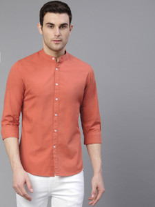 dennis lingo men slim fit solid mandarin collar casual shirt