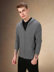 dennis lingo solid hooded neck casual men grey sweater