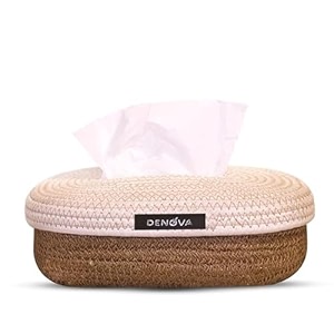denova cotton tissue box holder - handcrafted tissue container for 100 pulls paper towel dispenser for office living bedroom car desk dining table home decor oval grey amp black