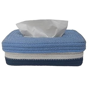 denova cotton tissue box holder - handcrafted tissue container for 100 pulls paper towel dispenser for office living bedroom car desk dining table home decor rectangle blue