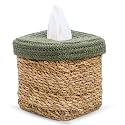 DENOVA Seagrass Tissue Box Holder | Modern Square Facial Tissue Box Holder | Tissue Dispenser for Home/Office/Car (14X14X15 Cm, Natural + Olive)