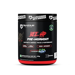 denzour nutrition bee-hp pre-workout powder energy strength amp muscle pump 200mg caffeine 750mg creatine monohydrate 2500mg beta-alanine blueberry flavour 300g 30 servings