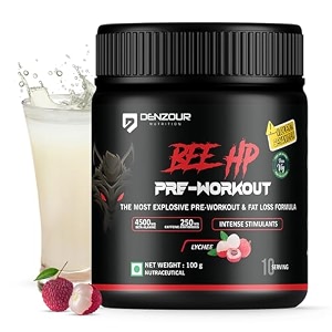 denzour nutrition bee-hp pre-workout powder energy strength amp muscle pump 200mg caffeine 750mg creatine monohydrate 2500mg beta-alanine lychee flavour 100g 10 servings