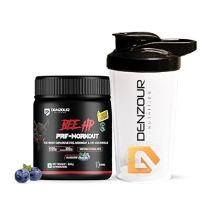 denzour nutrition bee-hp pre-workout most explosive muscle pump with fat loss formula 250mg caffeine beta-alanine pre workout_bb_100g  shaker blueberry powder 2 count 10 servings