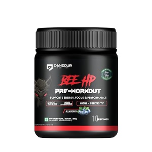 denzour nutrition bee-hp pre-workout powder energy strength amp muscle pump 200mg caffeine 750mg creatine monohydrate 2500mg beta-alanine blueberry flavour 100g 10 servings