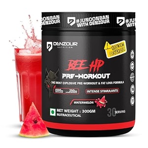 denzour nutrition bee-hp pre-workout powder energy strength amp muscle pump 200mg caffeine 750mg creatine monohydrate 2500mg beta-alanine watermelon flavour 300g 30 servings