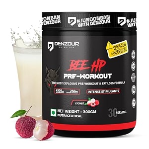 denzour nutrition bee-hp pre-workout powder energy strength amp muscle pump 200mg caffeine 750mg creatine monohydrate 2500mg beta-alanine lychee flavour 300g 30 servings