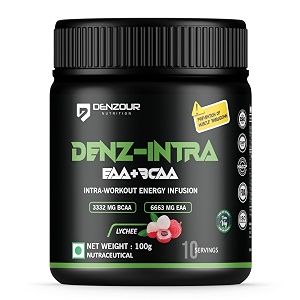 denzour nutrition denz - intra workout powder most explosive muscle pump energy infusion formula with 3300mg bcaa 6600mg eaa for men and women 100 g lychee 1 count 10 servings
