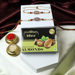 deodap round rakhi with bhabhi lumba five piece set with 32 g chocolate coated almonds silver colour pooja coin and greeting card